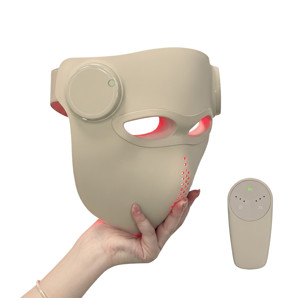 LED 3D Phototherapy Mask in hand with remote control, showcasing innovative skincare technology for rejuvenation.