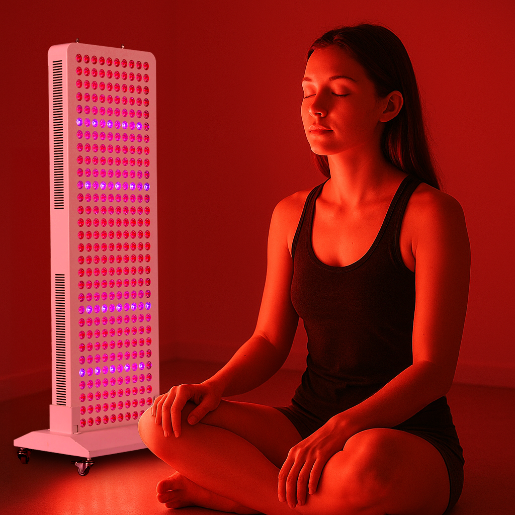 Woman meditating in front of a Red Light Therapy Panel | 1500-ULTRA in a red-lit room.