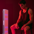 Red Light Therapy Panel in use with a man, showcasing advanced red and near-infrared wavelengths for therapy.