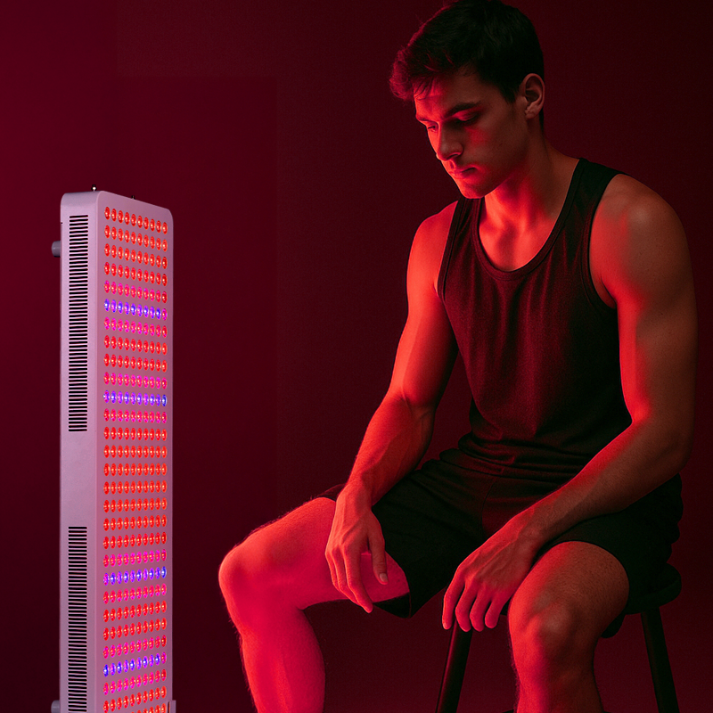 Red Light Therapy Panel in use with a man, showcasing advanced red and near-infrared wavelengths for therapy.