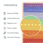 Rainbow Chakra therapies featuring PEMF, chakra balancing, negative ions, photon lights, far infrared rays, and hot stone therapy.
