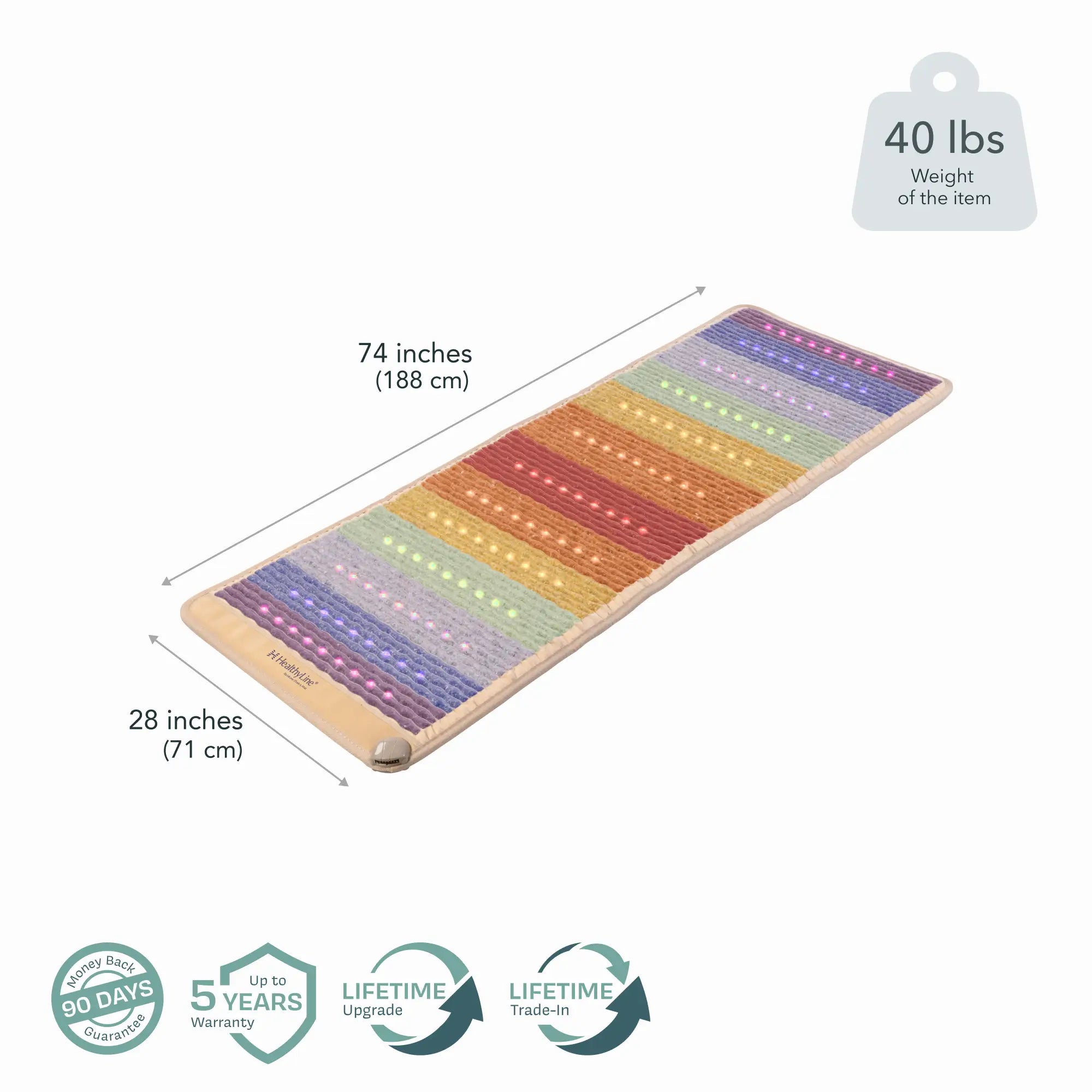 Rainbow Chakra PEMF Far Infrared Heating Mat featuring vibrant colors and dimensions of 74 inches by 28 inches.