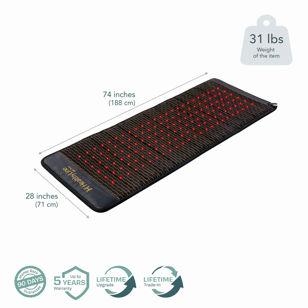 Healthyline PEMF Far Infrared Heating Mat dimensions 74x28 inches, 31 lbs, featuring red heating dots.