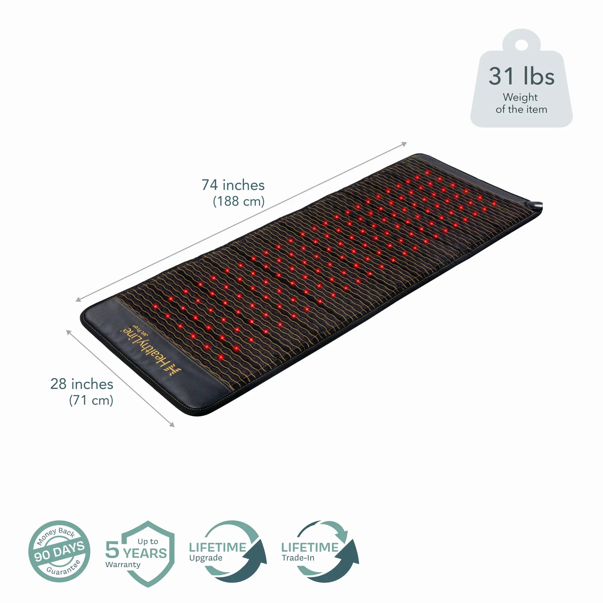 Healthyline PEMF Far Infrared Heating Mat dimensions 74x28 inches, 31 lbs, featuring red heating dots.