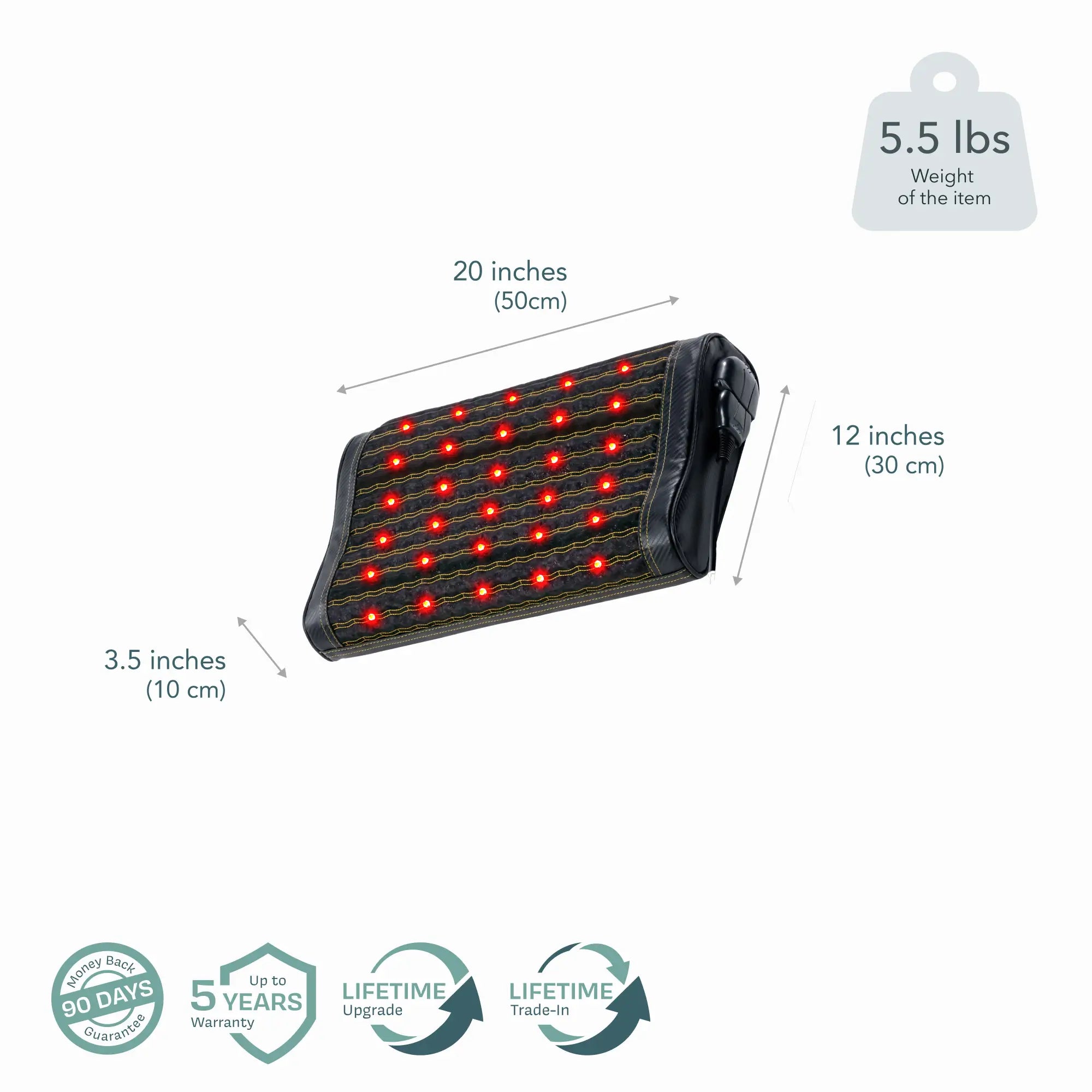 HealthyLine Infrared Pillow dimensions showing 20x12 inches with red light features for targeted therapy.