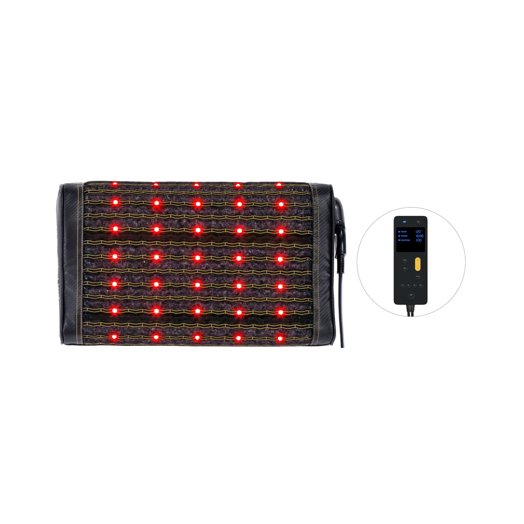 HealthyLine Infrared Pillow showcasing red light therapy features and remote control for targeted relaxation.