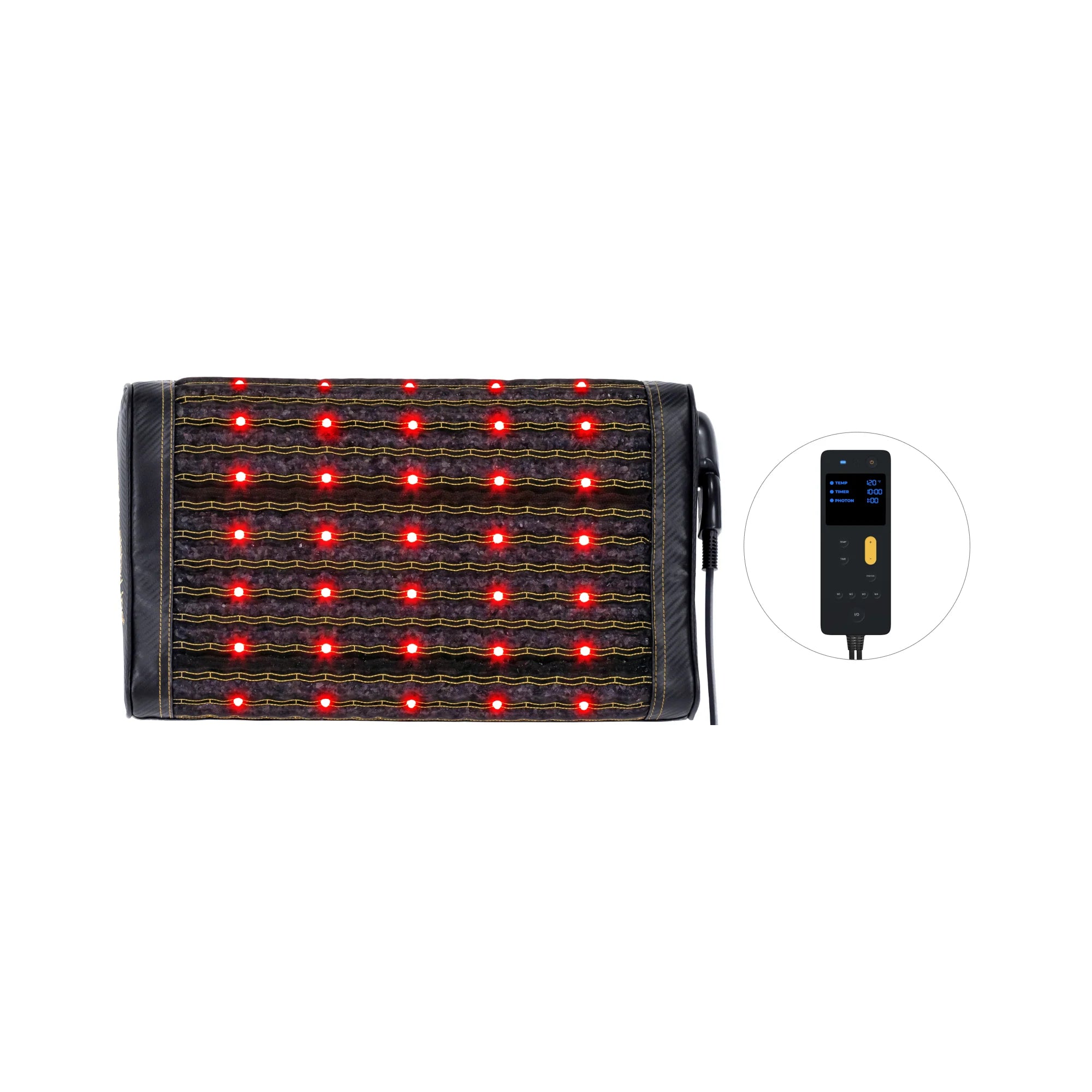 HealthyLine Infrared Pillow showcasing red light therapy features and remote control for targeted relaxation.