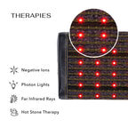 HealthyLine Infrared Pillow showcasing therapies like negative ions, photon lights, far infrared rays, and hot stone therapy.