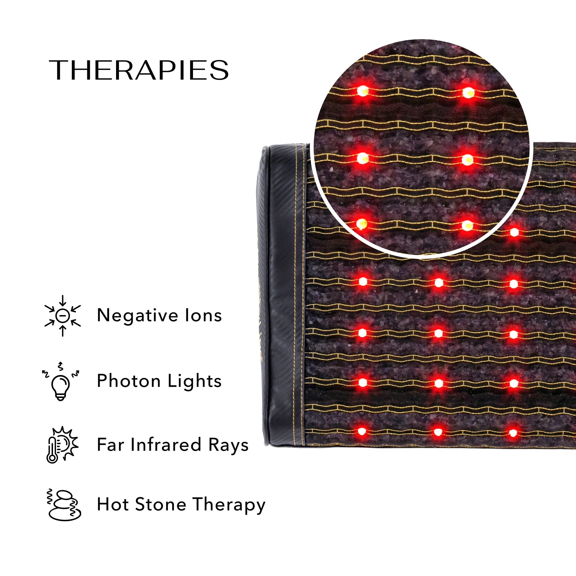 HealthyLine Infrared Pillow showcasing therapies like negative ions, photon lights, far infrared rays, and hot stone therapy.