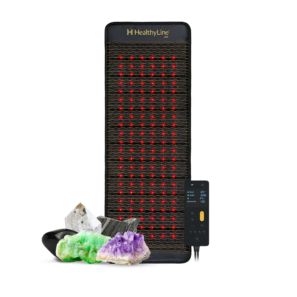 Healthyline PEMF Far Infrared Heating Mat with crystals and remote control for wellness and therapy.