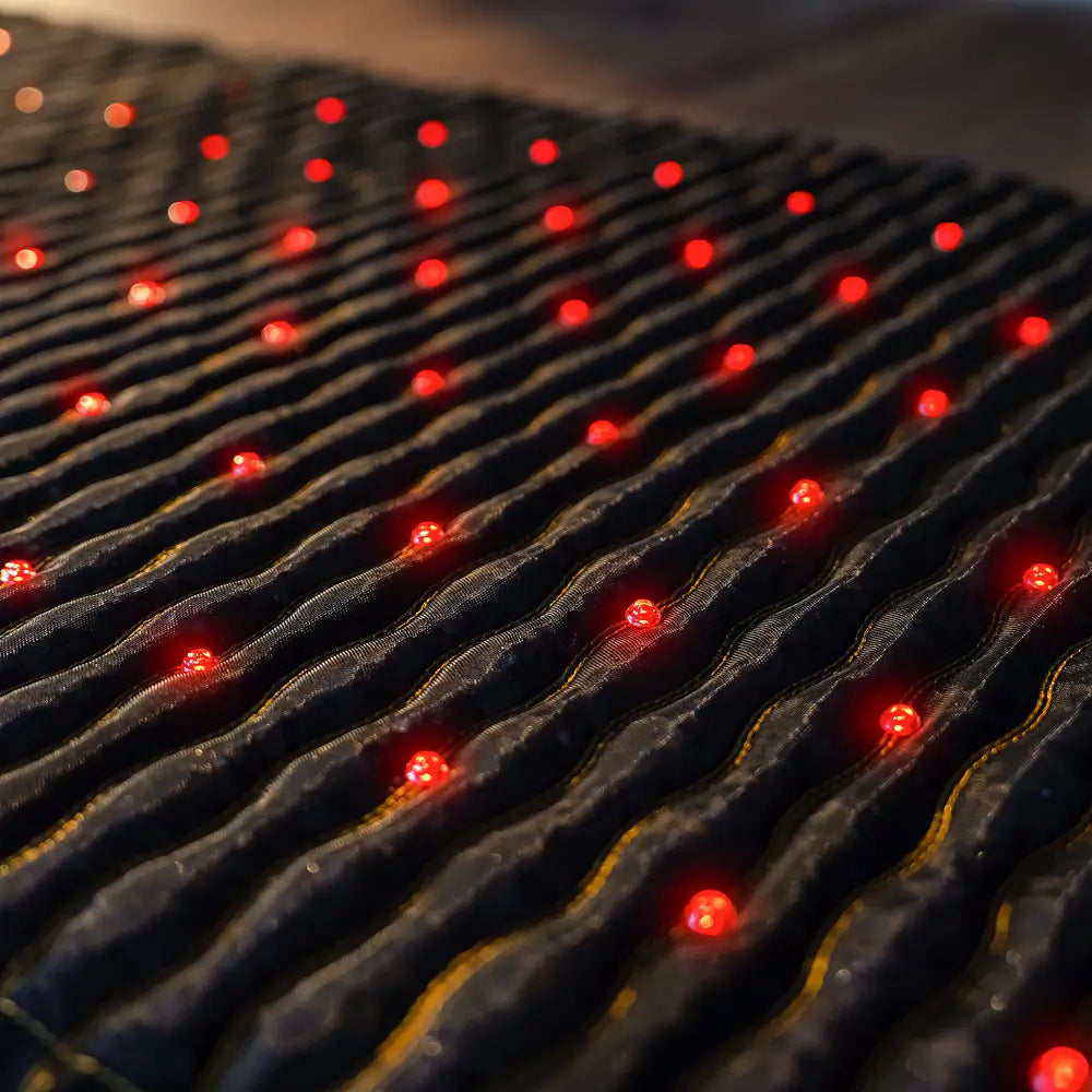 PEMF Far Infrared Heating Mat close-up showing red light therapy points on the textured surface.