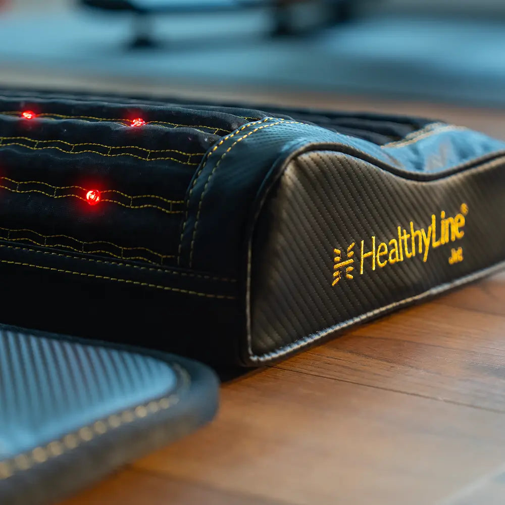 HealthyLine Infrared Pillow showing red light therapy for relaxation and recovery.