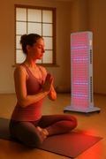 Red Light Therapy Panel in a serene setting with a woman practicing mindfulness during red light therapy.