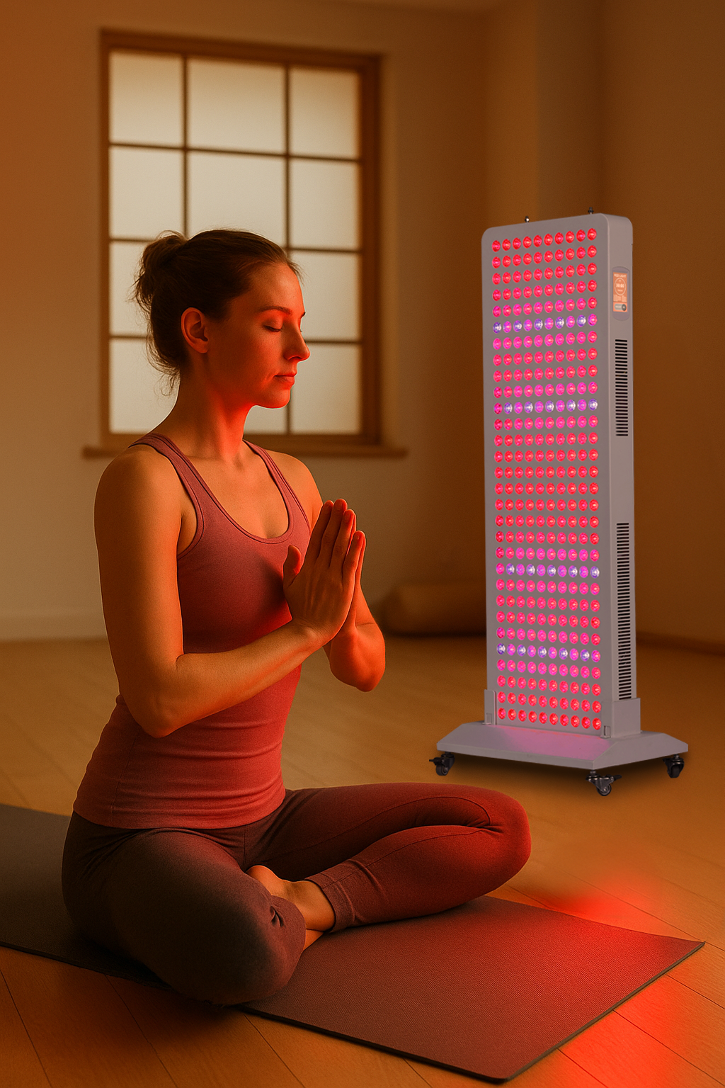 Red Light Therapy Panel in a serene setting with a woman practicing mindfulness during red light therapy.