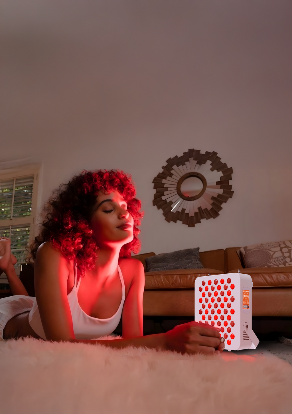 Woman enjoying benefits of Red Light Therapy Panel | PRO 300-FS7 while relaxing in a cozy living room.