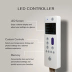 LED controller for HealthyLine  Rainbow Chakra products showing screen, custom controls, and memory features for tailored wellness experience.