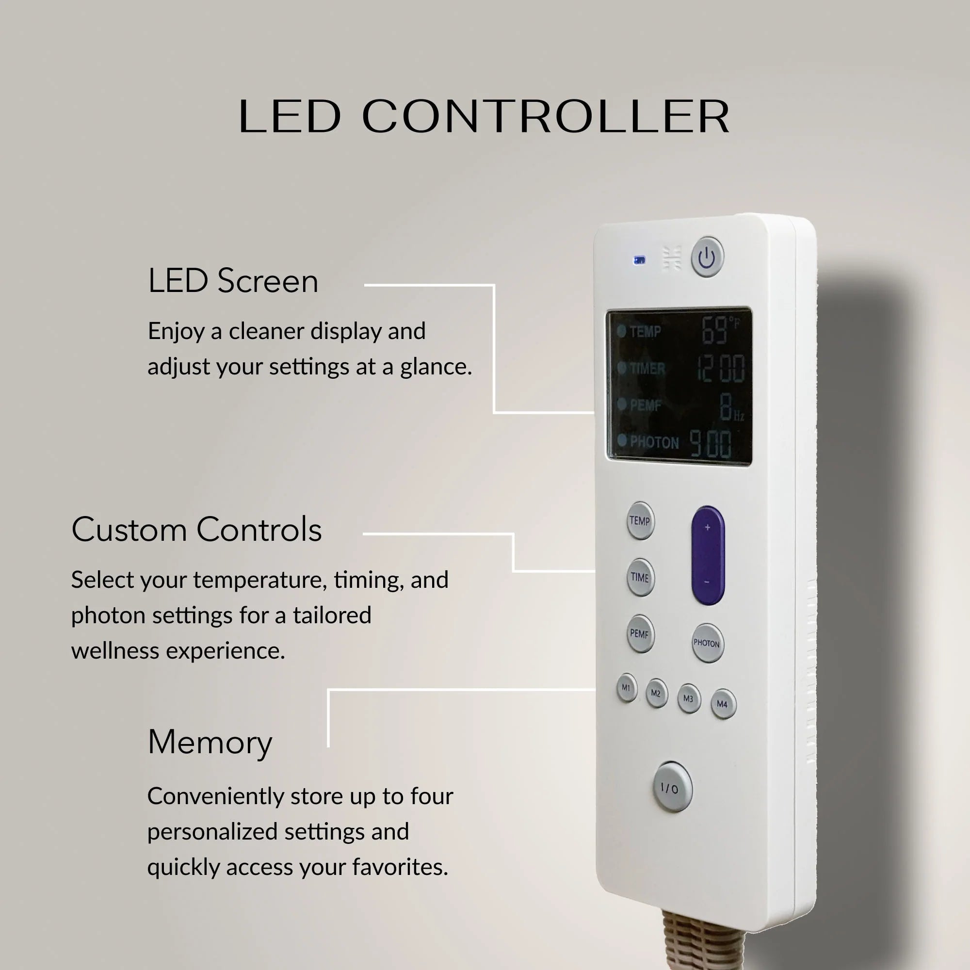 LED controller for HealthyLine  Rainbow Chakra products showing screen, custom controls, and memory features for tailored wellness experience.