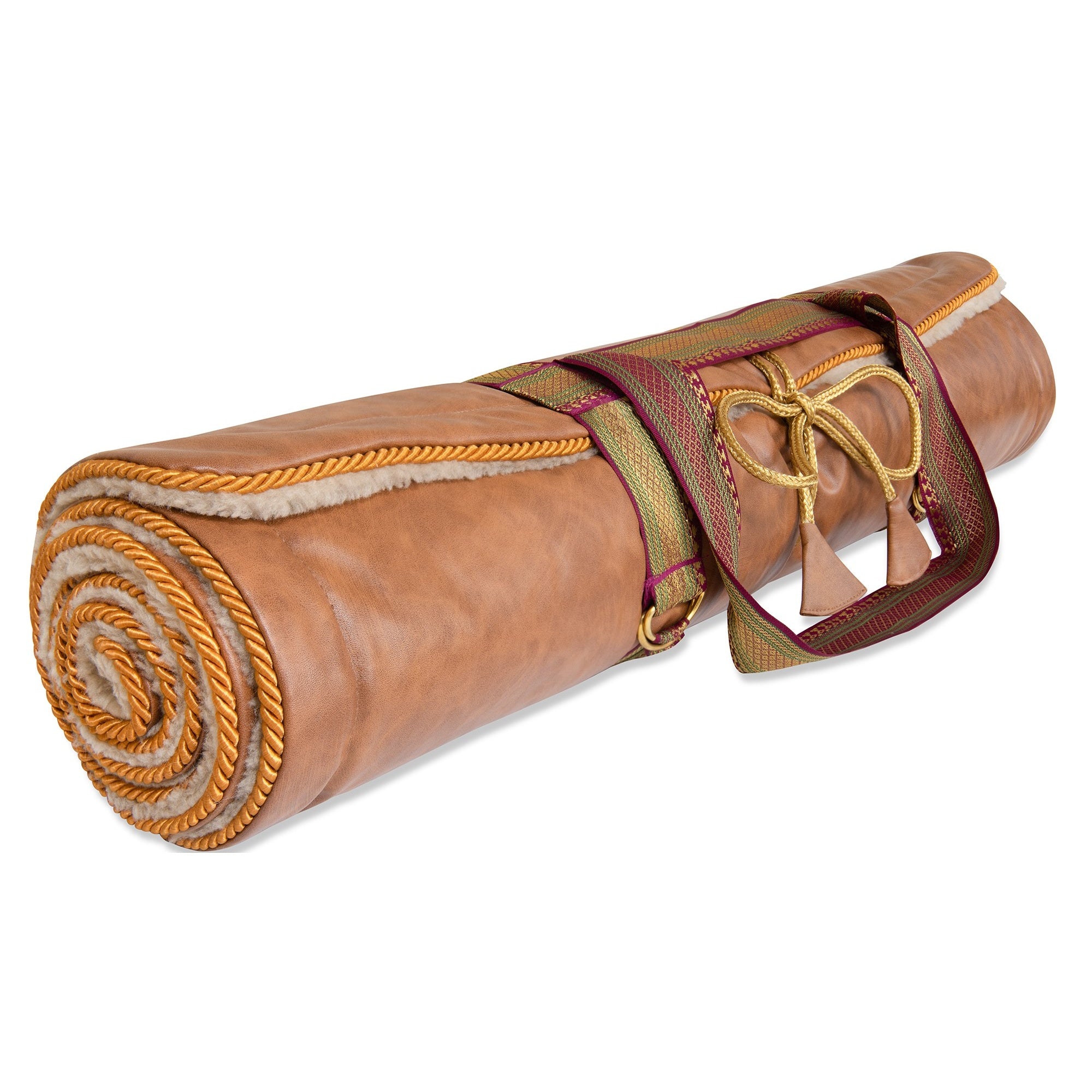 Holistic Silk luxury yoga rug mat rolled up with elegant design and carrying strap.