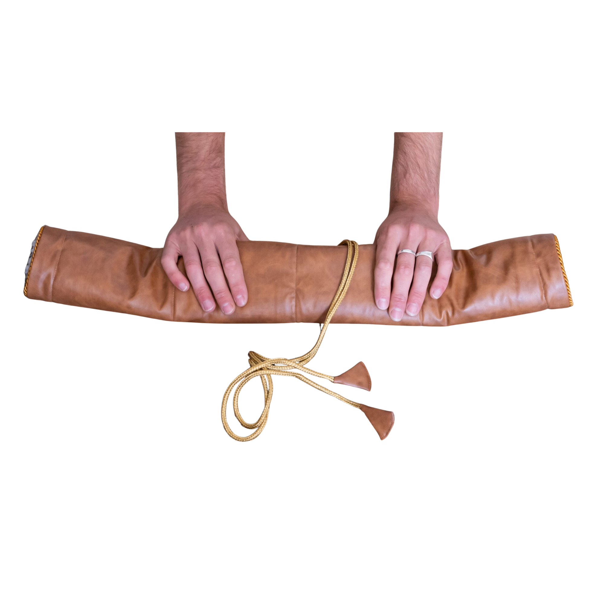 Hands holding a rolled Holistic Silk luxury Yoga Rug Mat with a rope tie.