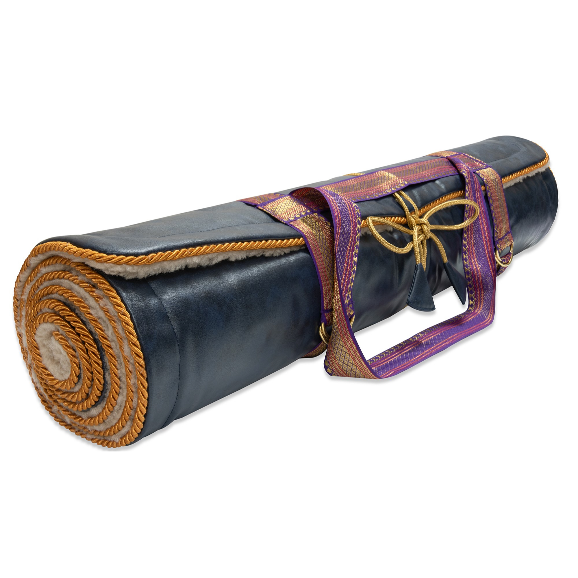 Holistic Silk luxury yoga rug mat rolled and ready for use with decorative straps.