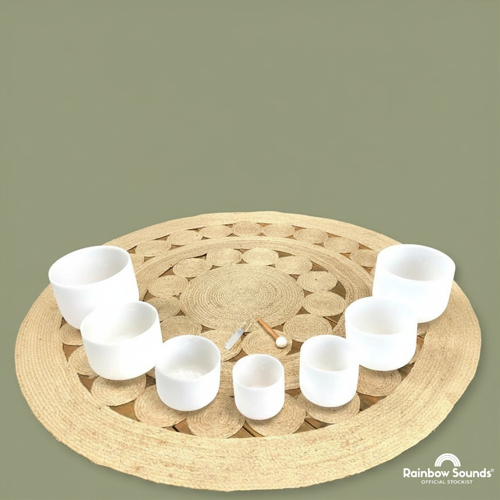 Golden Chakra Set of 7 White Crystal Sound Bowls