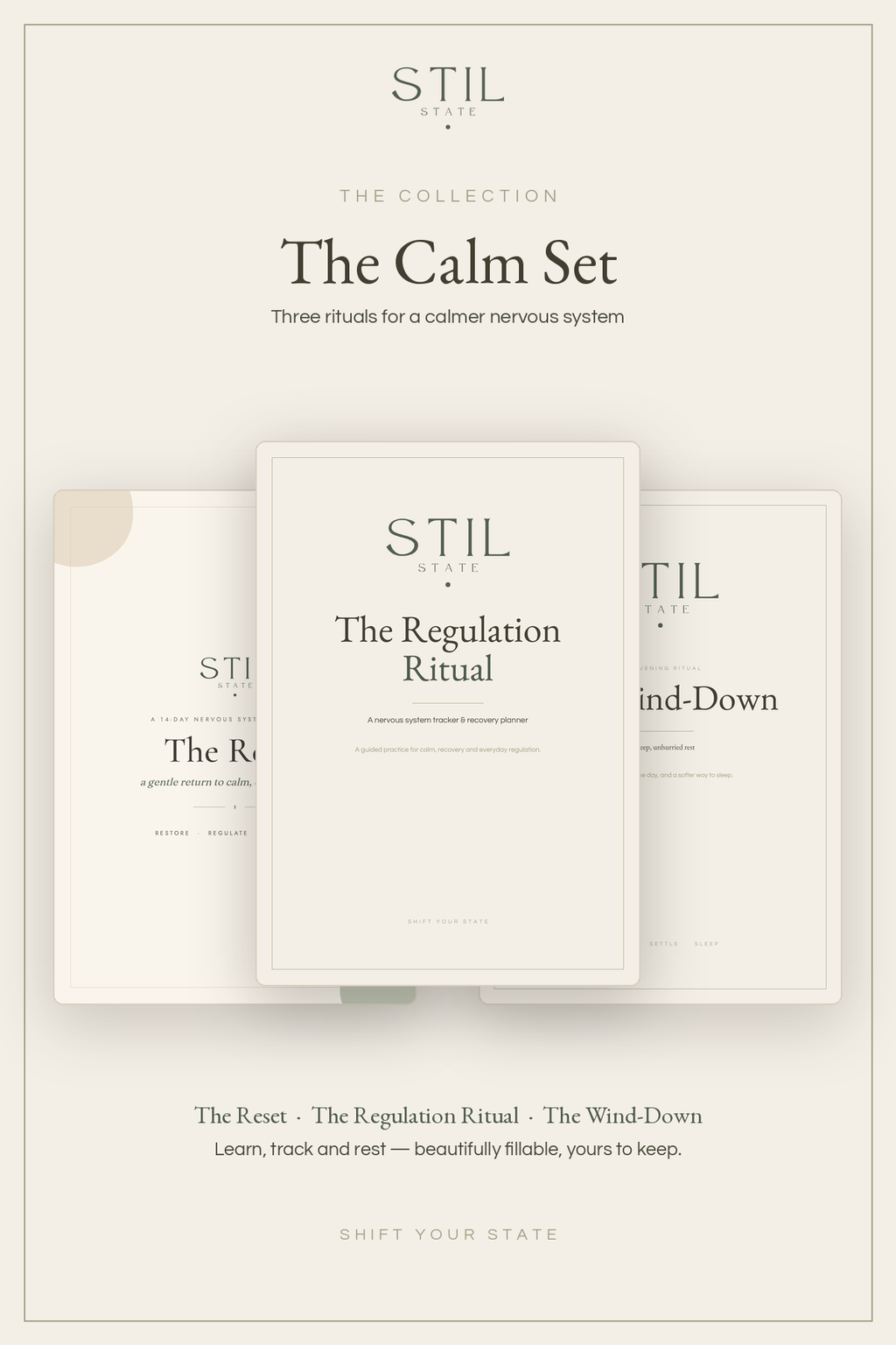 The Calm Set featuring The Reset, The Regulation Ritual, and The Wind-Down for a calmer nervous system.