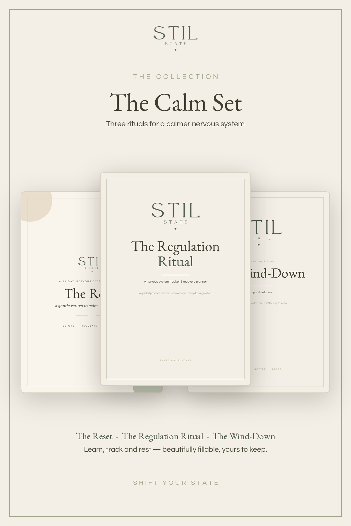 The Calm Set featuring The Reset, The Regulation Ritual, and The Wind-Down for a calmer nervous system.