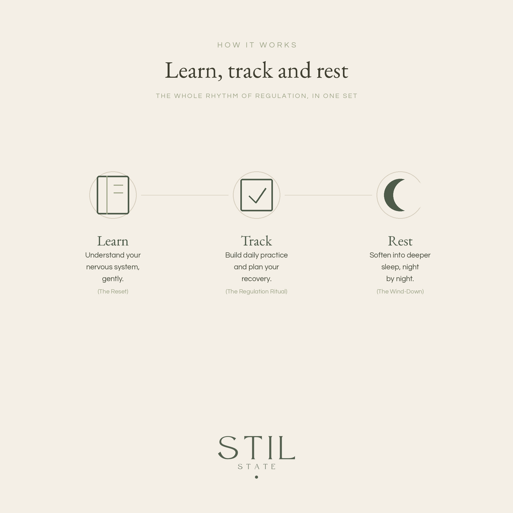 Infographic illustrating the Calm Set: Learn, Track, and Rest for a calmer nervous system.