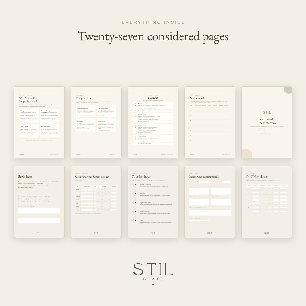 The Calm Set pages showcasing meditation, tracking tools, and mindfulness resources for a calmer nervous system.