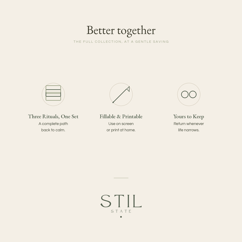 Graphic displaying the Calm Set features: three rituals for a path back to calm, fillable and printable, and yours to keep.