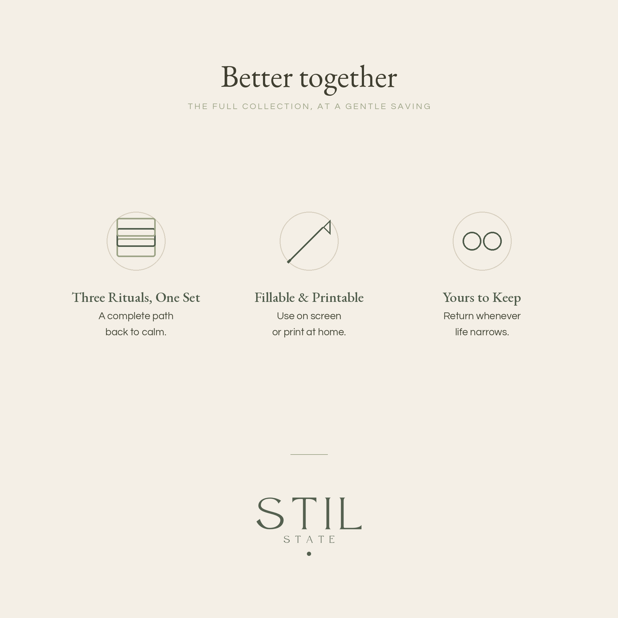 Graphic displaying the Calm Set features: three rituals for a path back to calm, fillable and printable, and yours to keep.