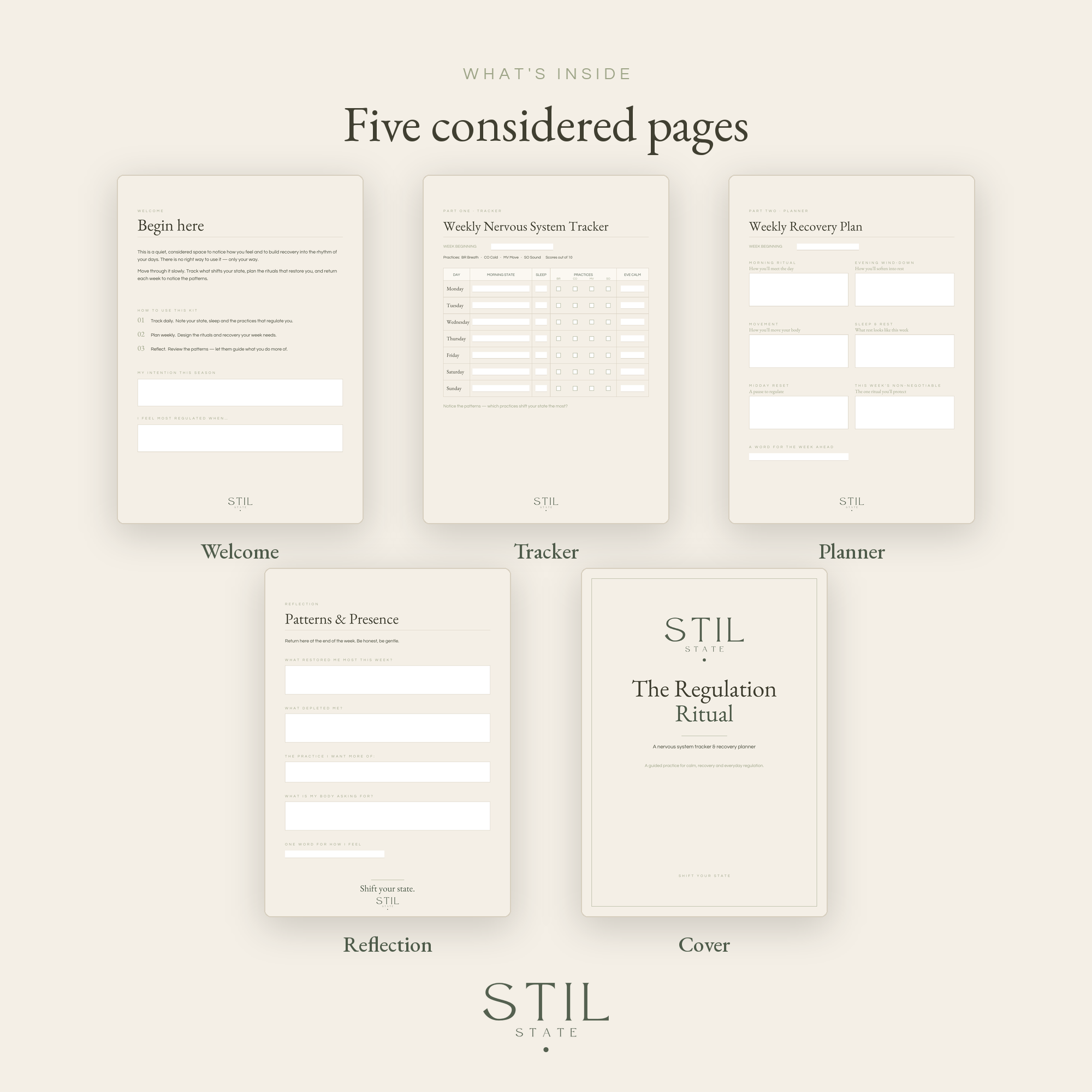 Five pages of The Regulation Ritual, including the planner and tracker for nervous system and recovery.