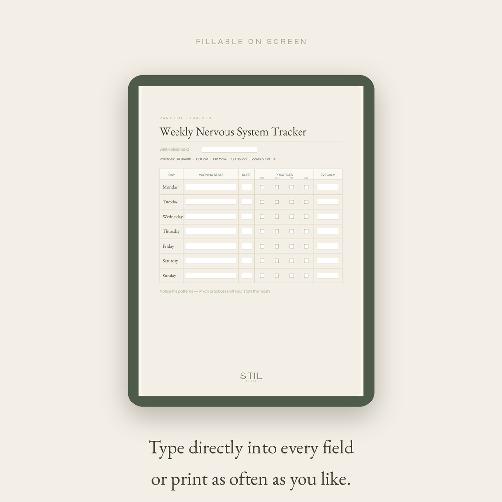Weekly Nervous System Tracker fillable screen for the Regulation ritual to aid in recovery and calm.