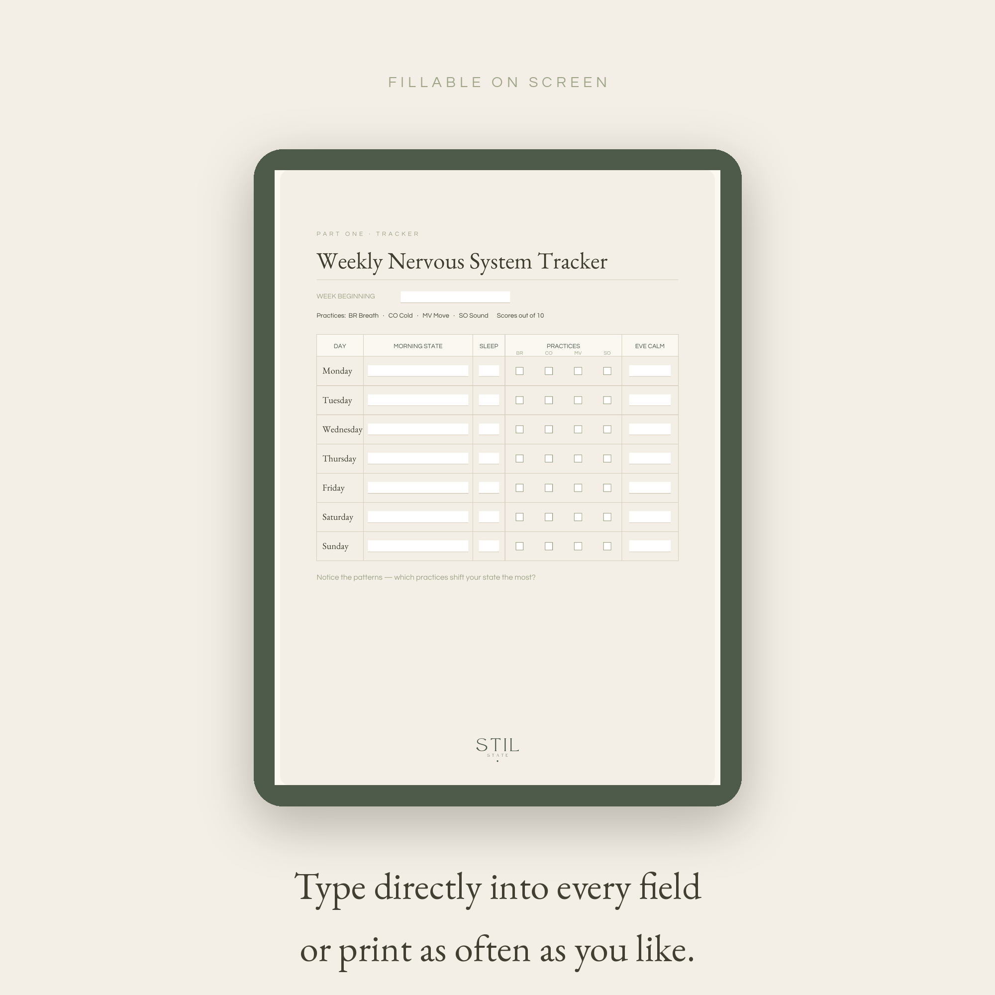 Weekly Nervous System Tracker fillable screen for the Regulation ritual to aid in recovery and calm.