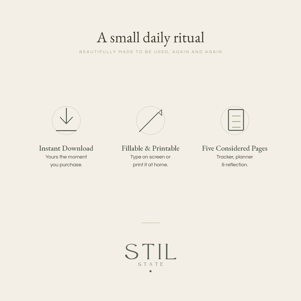 Image showcasing features of the Regulation Ritual, including instant download, fillable options, and five pages for tracking and reflection.