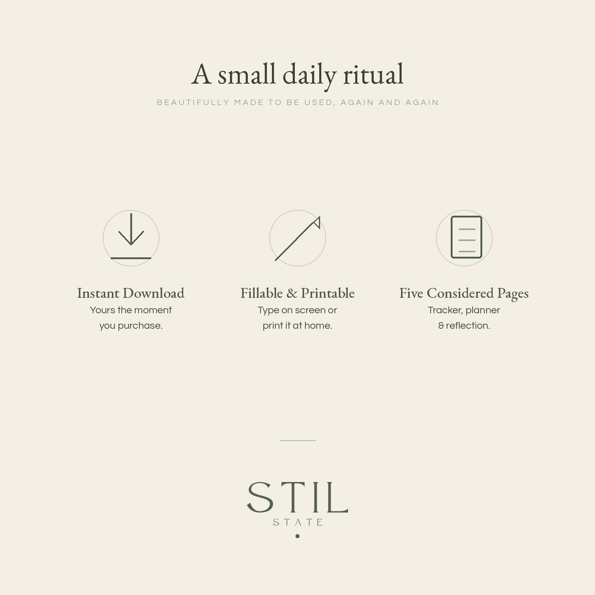 Image showcasing features of the Regulation Ritual, including instant download, fillable options, and five pages for tracking and reflection.