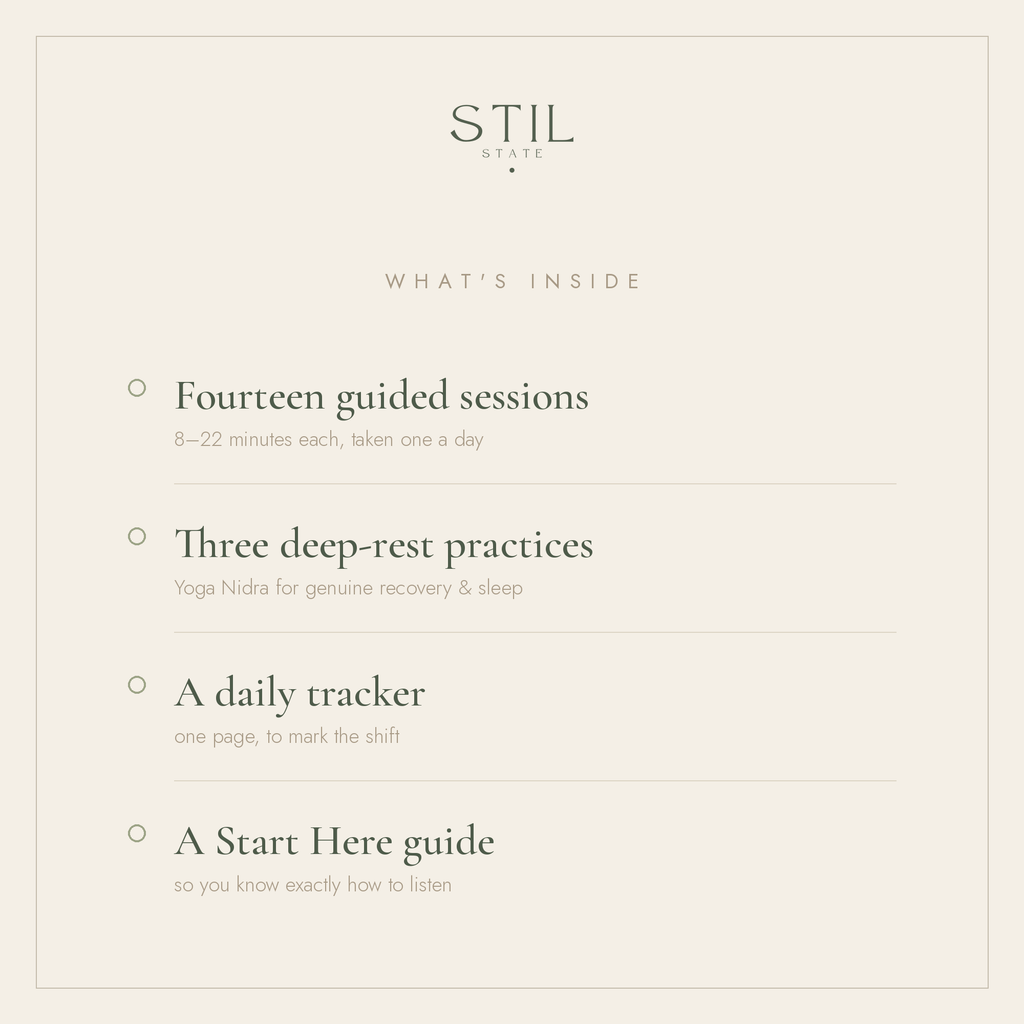 Content overview of The Reset Sessions, featuring guided sessions, practices, tracker, and Start Here guide.