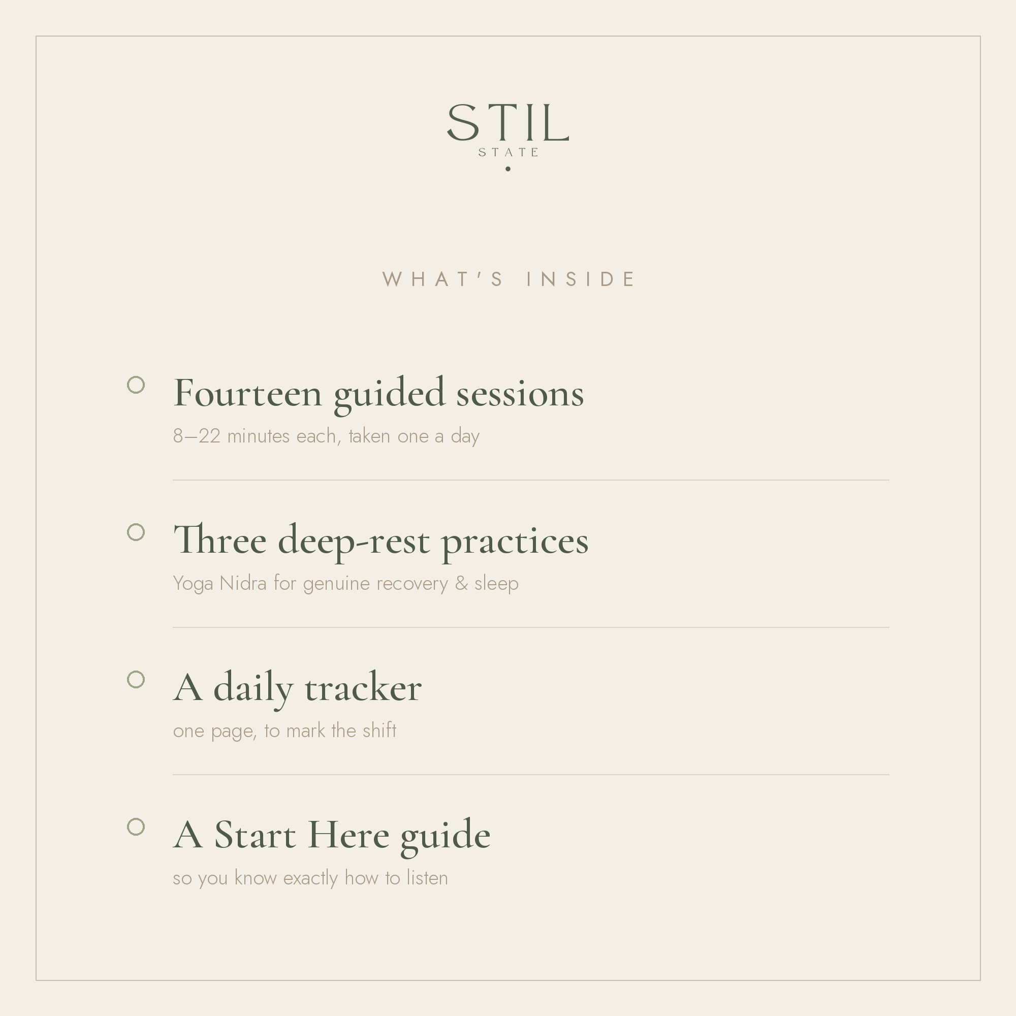 Content overview of The Reset Sessions, featuring guided sessions, practices, tracker, and Start Here guide.