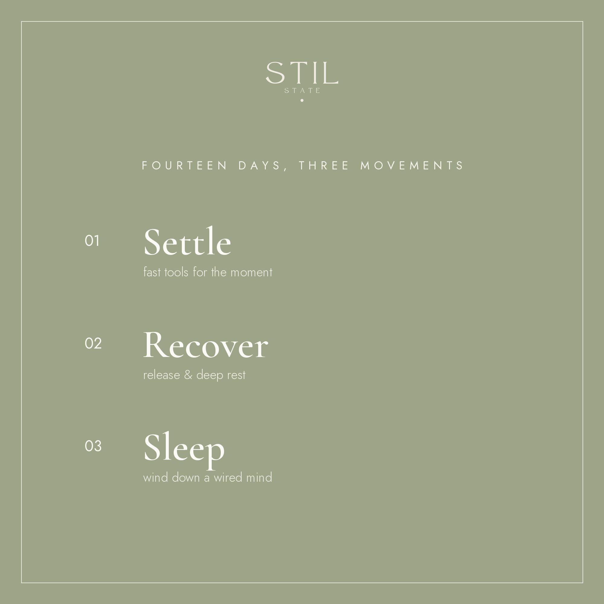 Image showing The Reset Sessions three movements: Settle, Recover, and Sleep for a guided audio practice.
