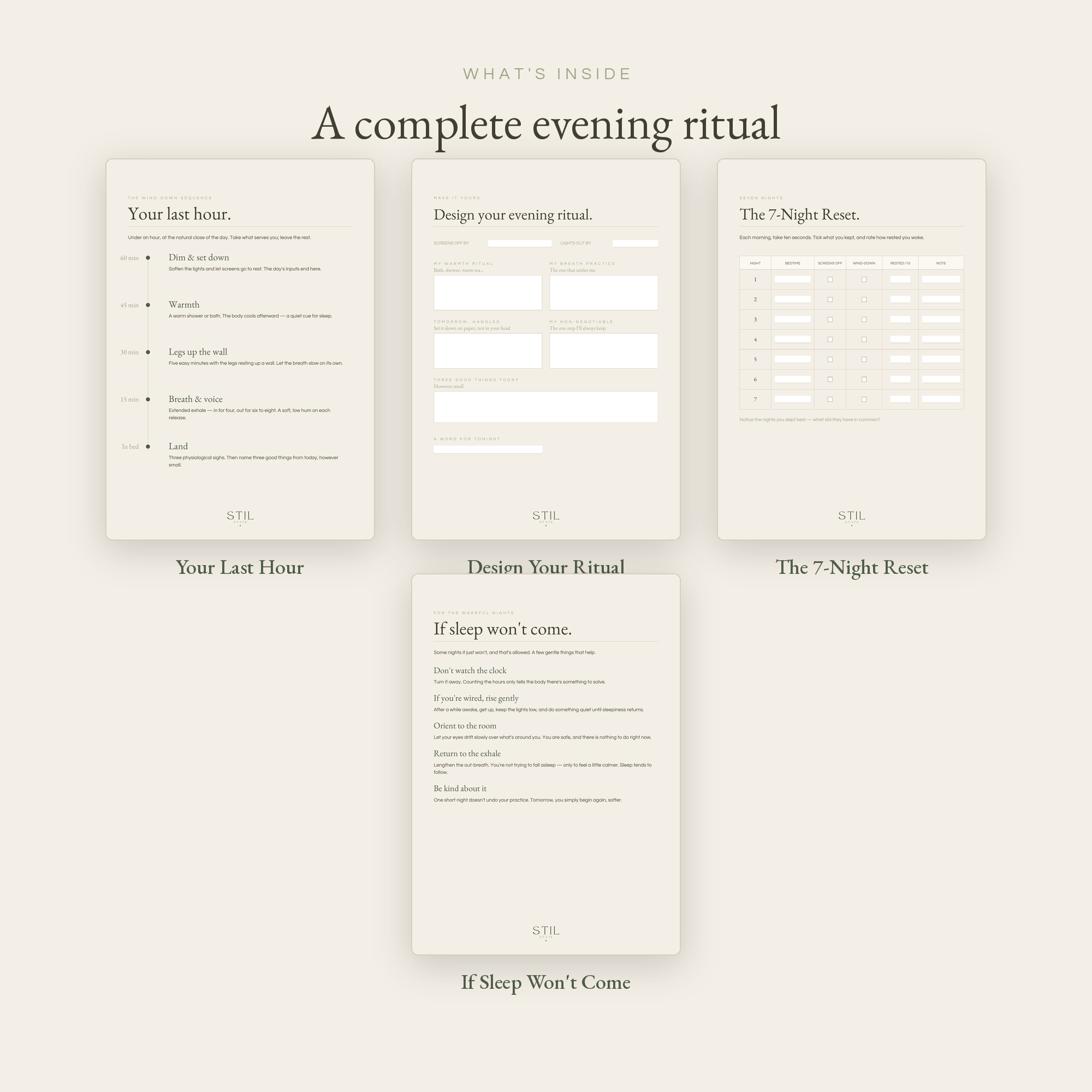 The Wind-Down evening ritual guide featuring Your Last Hour, Design Your Ritual, and the 7 Night Reset.