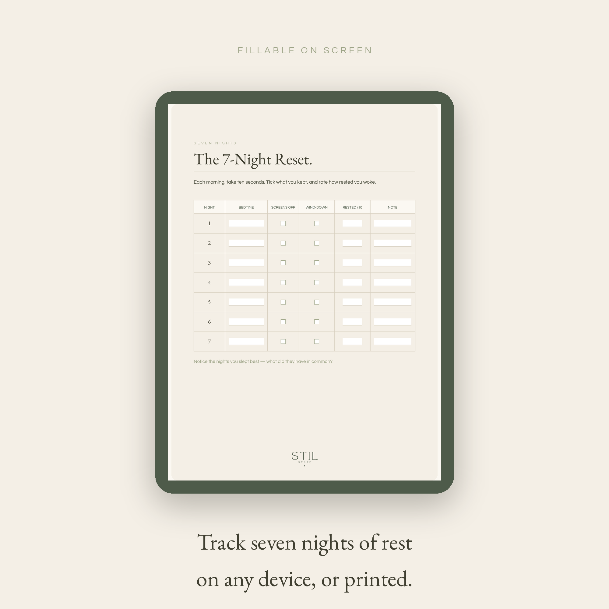 The Wind-Down 7-Night Reset tracking sheet for restful sleep, fillable on any device or printed.